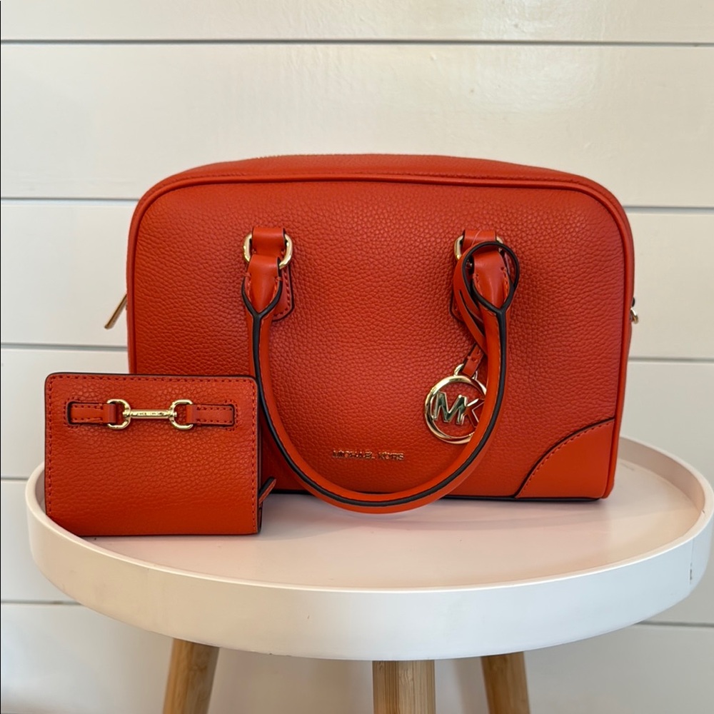 NWT Michael Kors Thompson Duffle Satchel and Flap Wallet in Red Leather Clay